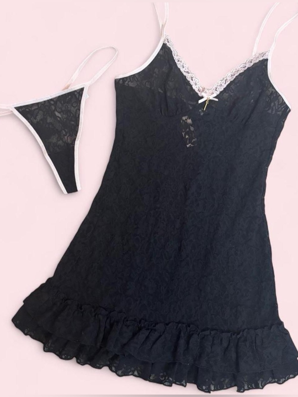 NWT 2000s Victoria’s Secret Black Lace Slip + Thong Set